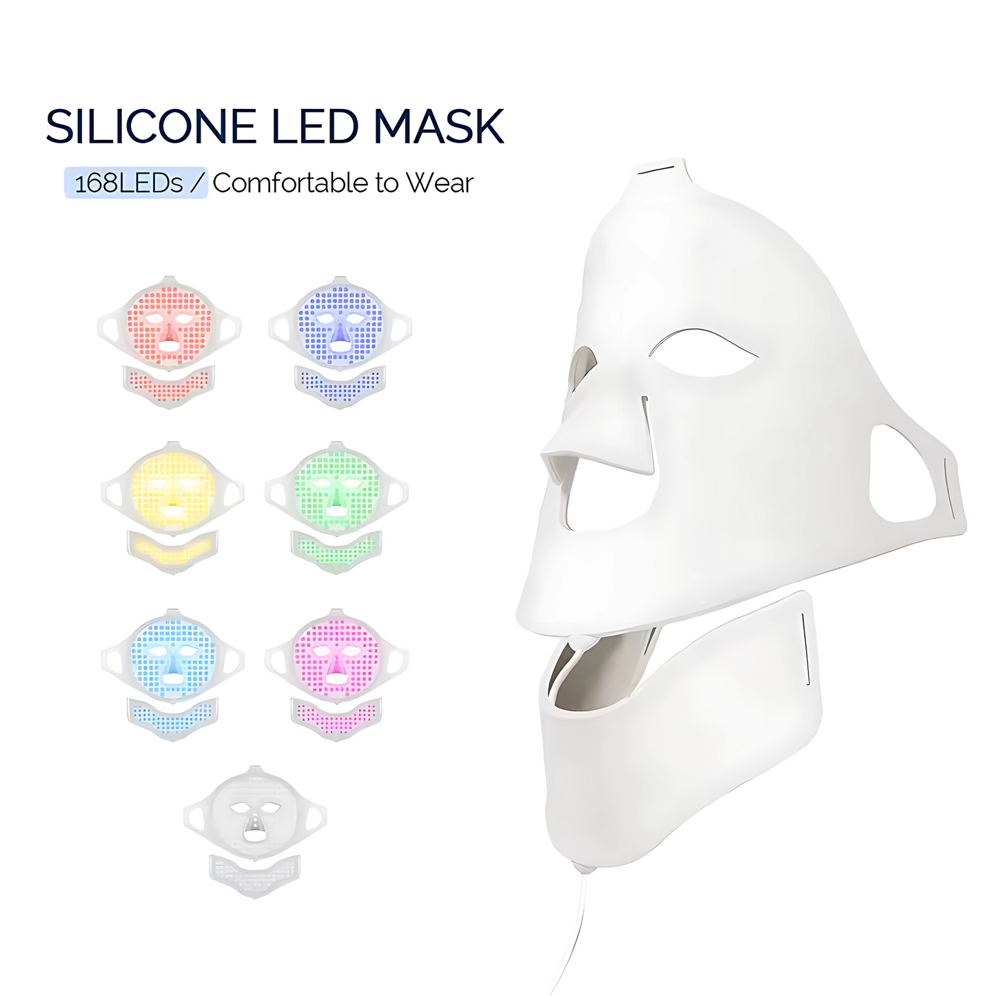 Glowvy white silicone LED face and neck mask with 168 light beads, shown alongside 7 light therapy color modes for customizable skincare benefits