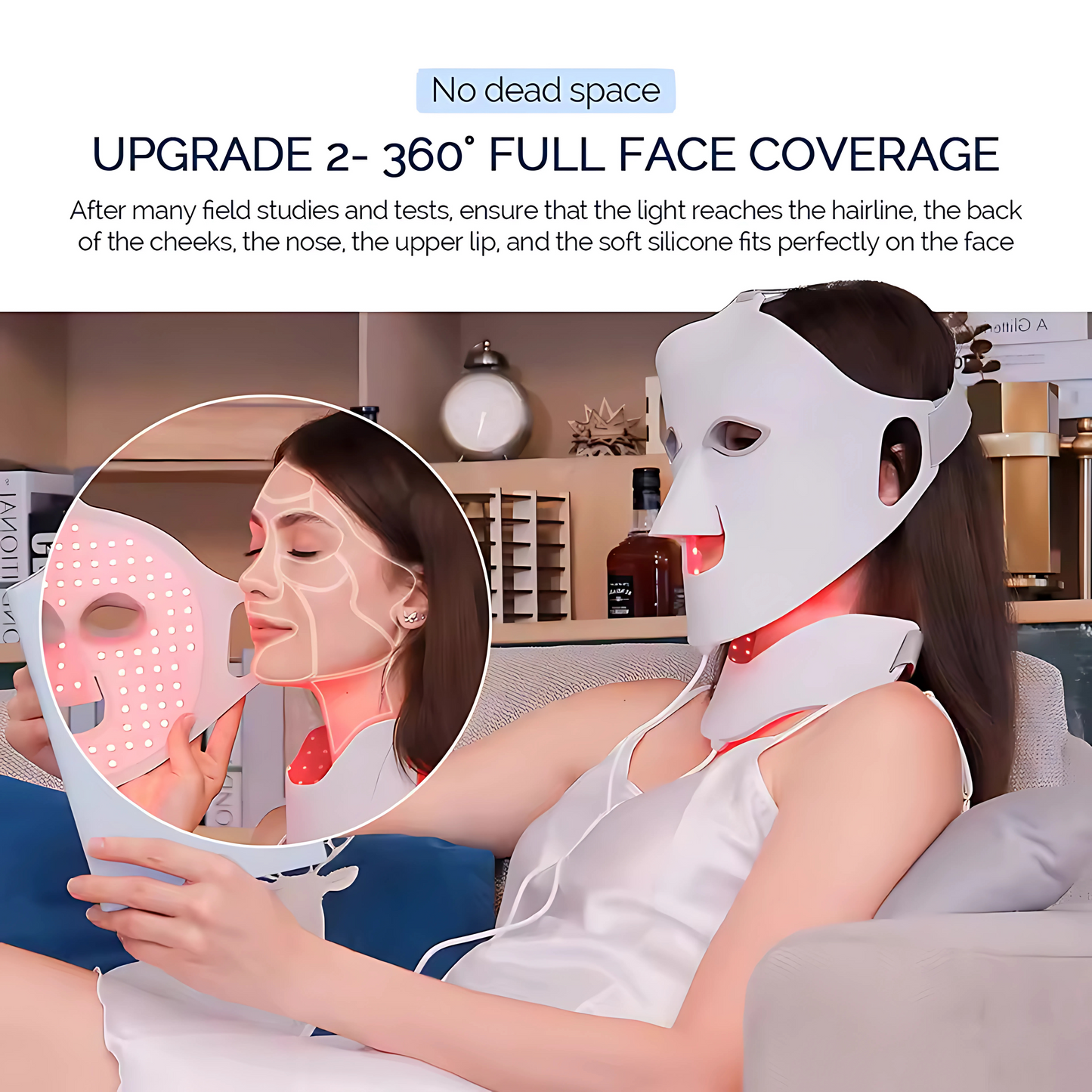 Woman using the Glowvy 3D LED face and neck mask while relaxing at home, showing 360-degree red light therapy coverage with full silicone fit