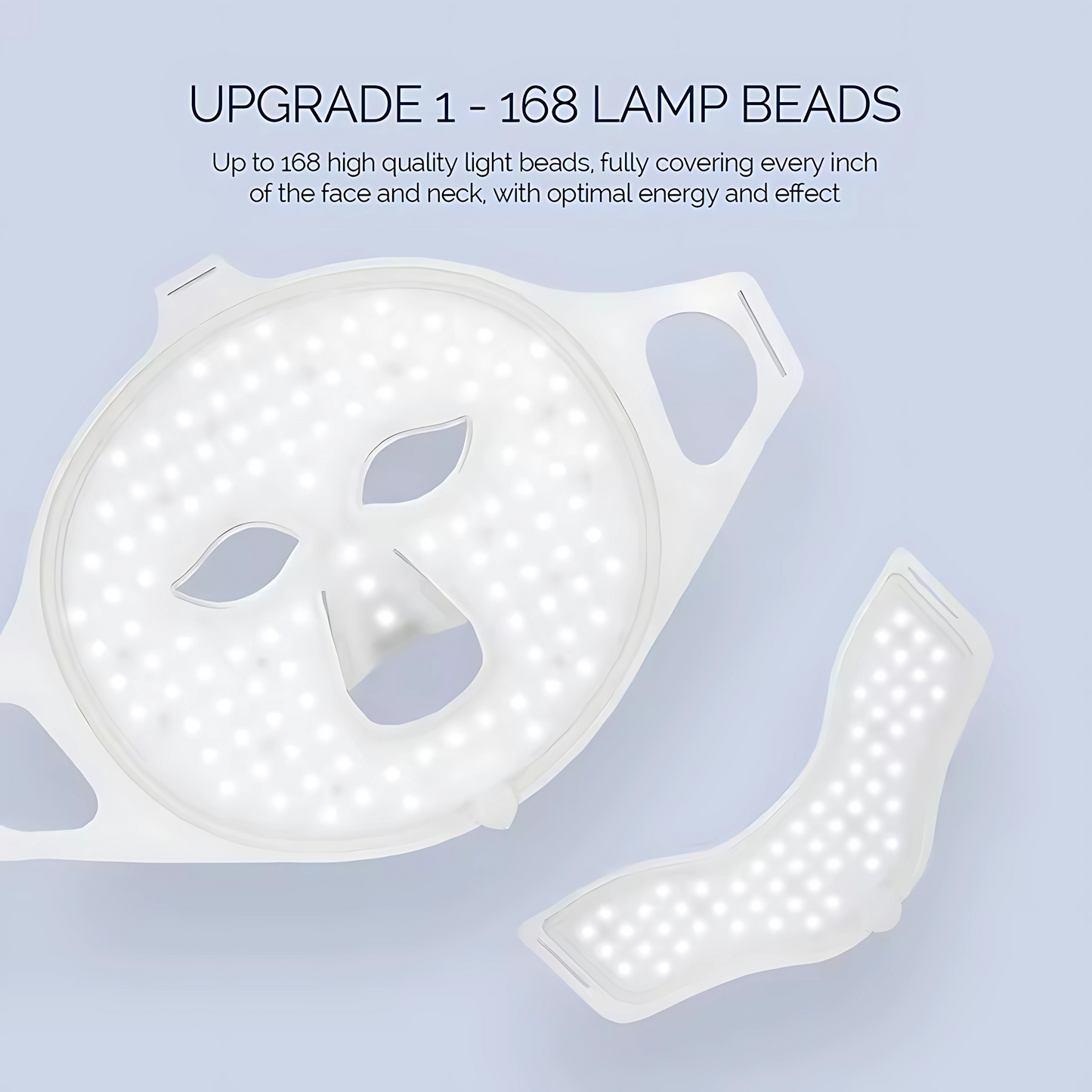 Close-up of the Glowvy LED face and neck mask showing 168 high-quality light beads for full 360° skin coverage and optimal energy output
