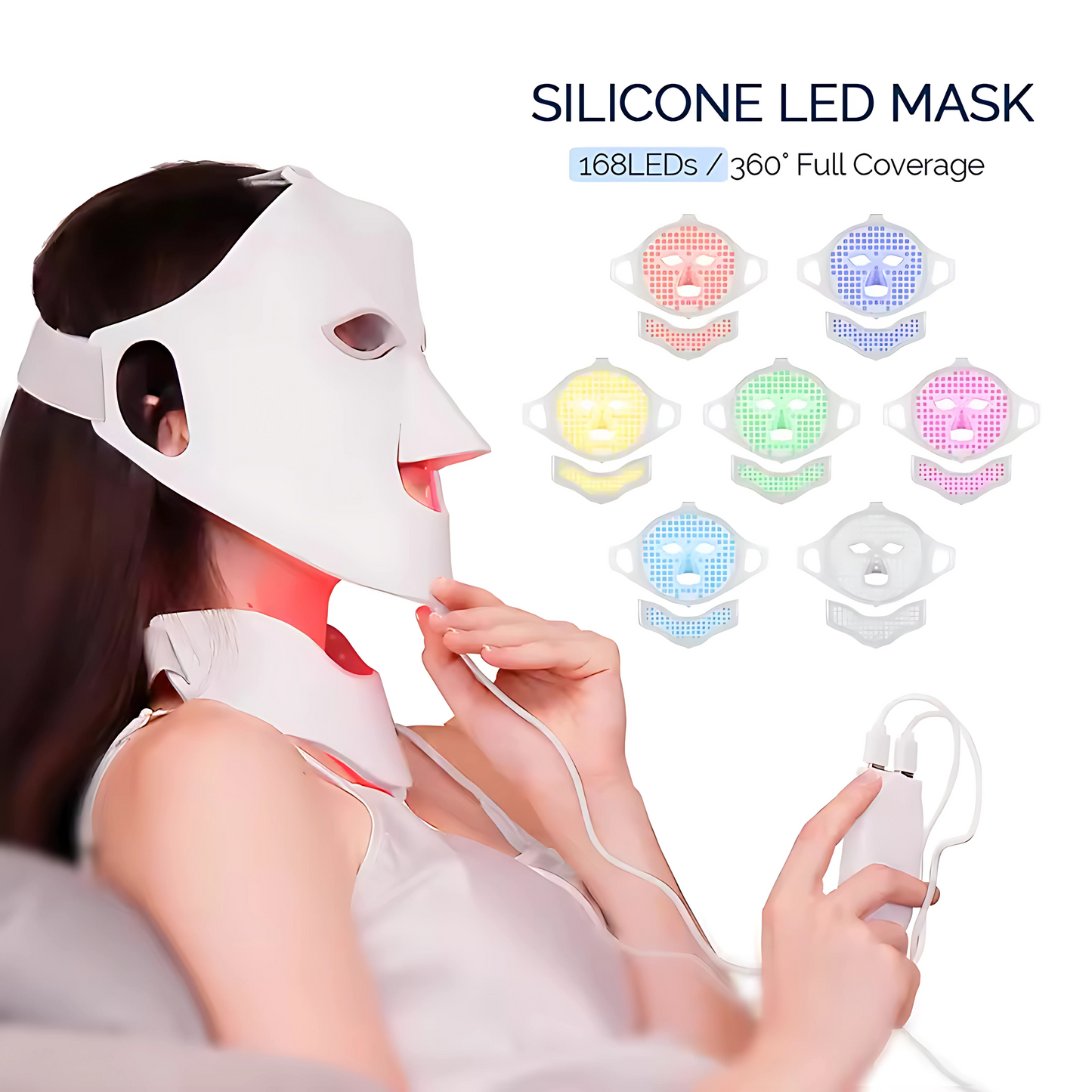 Woman using the Glowvy silicone LED face and neck mask with handheld remote, featuring 168 LEDs and 7 light therapy colors for complete skin treatment