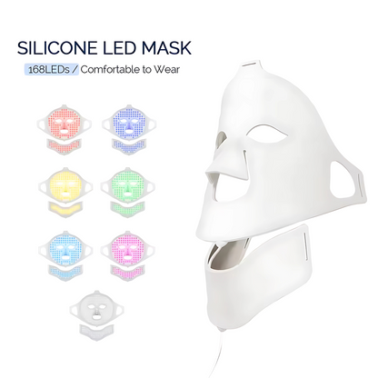 Glowvy white silicone LED face and neck mask with 168 light beads, shown alongside 7 light therapy color modes for customizable skincare benefits