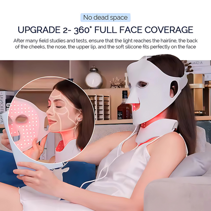 Woman using the Glowvy 3D LED face and neck mask while relaxing at home, showing 360-degree red light therapy coverage with full silicone fit