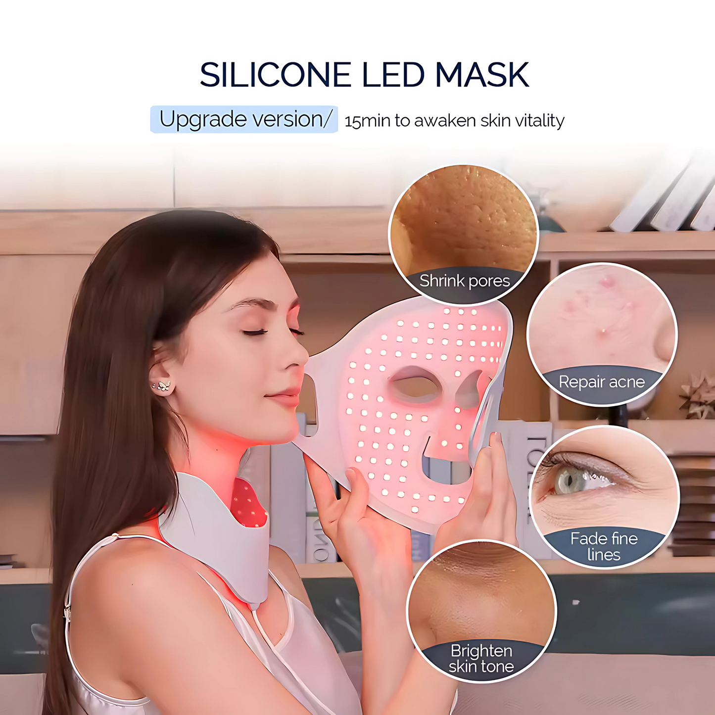 Woman holding the Glowvy silicone LED face mask with red light therapy on, highlighting benefits like shrinking pores, repairing acne, fading fine lines, and brightening skin tone