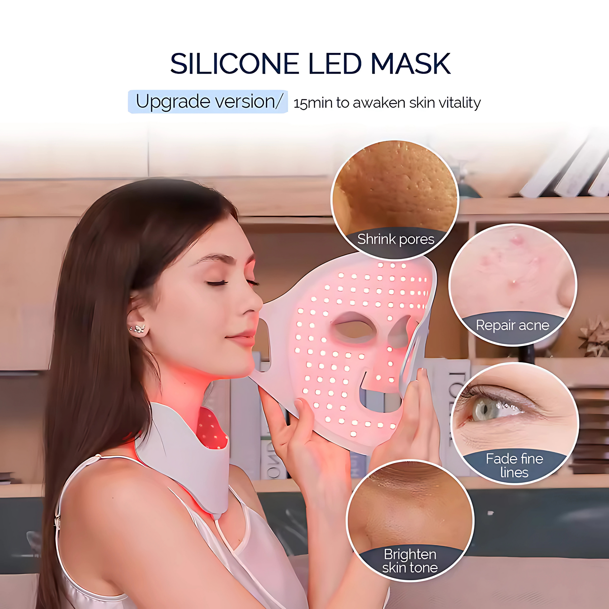 Woman holding the Glowvy silicone LED face mask with red light therapy on, highlighting benefits like shrinking pores, repairing acne, fading fine lines, and brightening skin tone