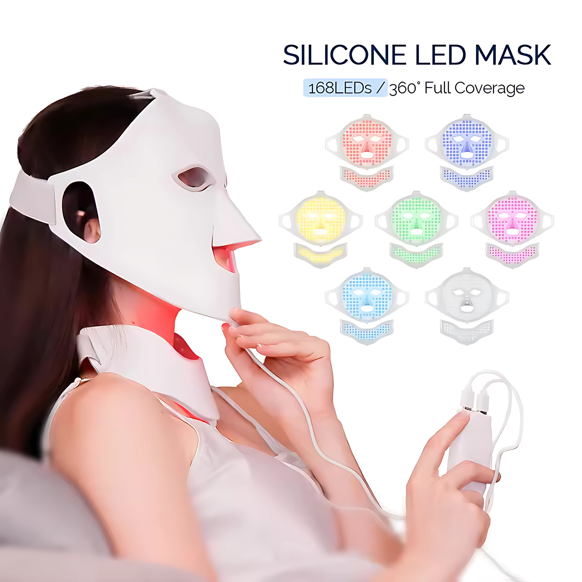 Woman using the Glowvy silicone LED face and neck mask with handheld remote, featuring 168 LEDs and 7 light therapy colors for complete skin treatment